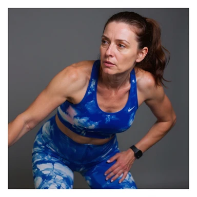 Realistic style image of a woman in sportswear inspired by the reference photo, slightly bent forward holding the right hip due to pain, neutral background. sticker