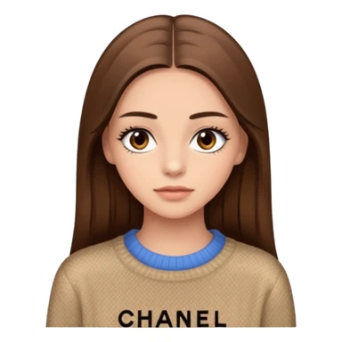 Une fille avec des faux cils, des yeux, marrons, des cheveux lisses un pull Chanel sticker