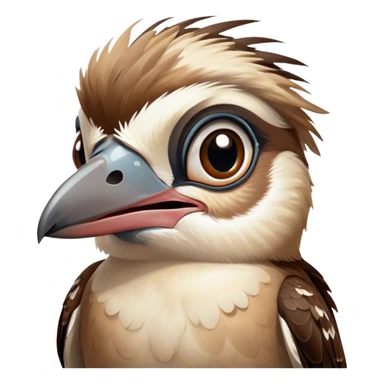 Cinematic Comical Kookaburra Portrait Emoji, Head tilted dramatically with an exaggeratedly amused expression, featuring a strikingly patterned brown and cream plumage with wide, expressive eyes filled with playful disbelief, Simplified yet hilariously expressive features, highly detailed, glowing with a slightly sassy glow, high shine, dramatic yet playful, stylized with an air of cheeky bushland mischief, bright and endearing, soft glowing outline, capturing the essence of a spirited and over‐the‐top kookaburra, so meme‐worthy it feels like it could cackle its way into internet fame instantly! sticker