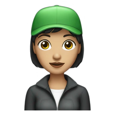 woman with black bob haircut, green eyes, and a cap, behind laptop sticker