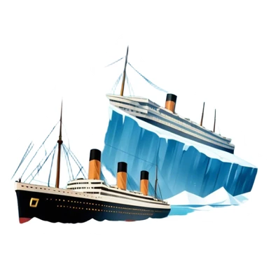 Icon for Titanic Movie: A vintage movie poster-style design featuring a dramatic scene of the ship, the iceberg, and a romantic silhouette of the main couple. Include elements like the ship’s bow, water splashes, and a starry sky in the background. Retro cinematic feel. Transparent background. sticker