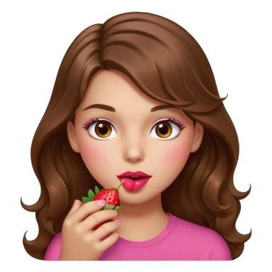 girl with long wavy brown hair, brown eyes, light to medium complexion, in a pink shirt, pink lips, long lashes, sexy , puckering lips kissing, blushing, eating a strawberry sexy sticker
