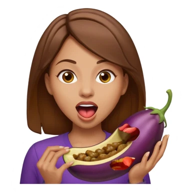 Brown hair light skin woman mouth open about to eat an eggplant sticker