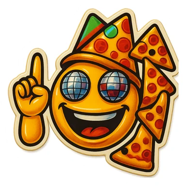 Make the left hand clearly form a finger gun gesture, while keeping the rest of the emoji the same: laughing face with disco ball eyes, tilted party hat, and holding pizza in the other hand, with no background. sticker