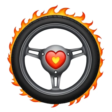 a burning car wheel, and in the center of the wheel there is a red heart sticker