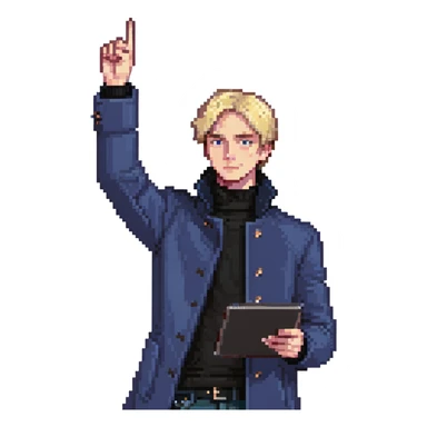 Flat pixel art, bold and charismatic male leader, Caucasian, short neat blonde hair, sharp eyes, indigo coat over black turtleneck, one arm raised pointing out, holding tablet, waist-up, front-facing sticker