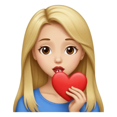 A girl with long brown hair and blonde front pieces sending a kiss/heart sticker