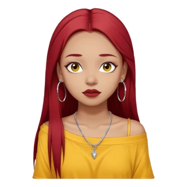 generate a pretty bratz girl with dark brown eyes. Dark long red hair straight long. wearing a yellow oversized tee falling off her shoulder, dainty silver necklace, silver hoops, septum piercings. big eyeliner sticker