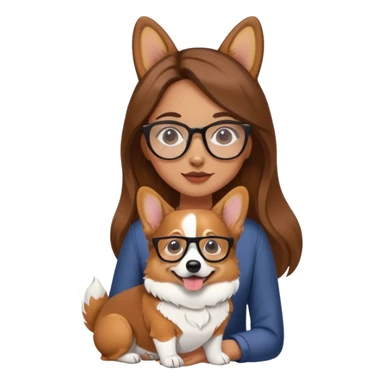 A girl with long brown hair and glasses is holding a corgi sticker