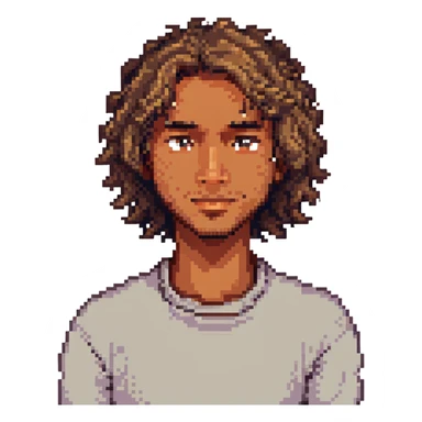 a man with wavy hair, medium brown skin, and a small mole on his left cheek, pixel art style sticker