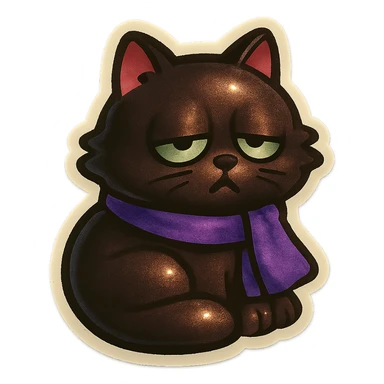 Fluffy sleepy tired dopey cute dark-brown cat with green eyes and a purple scarf  sticker