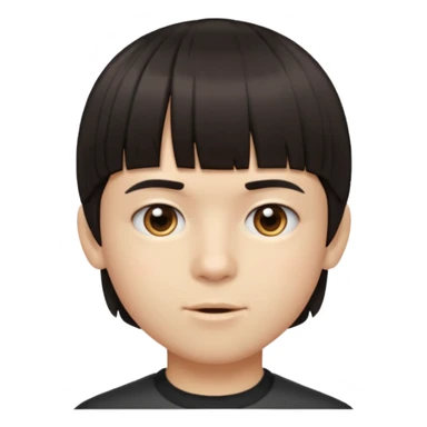 A boy no long hair À emoji that don’t smile Dark brown thick hair, short blunt fringe with straight bangs, a lot more compact textured top, evenly cut front, short tapered sides (shaved), clean modern haircut, realistic emoje style, neutral expression. sticker