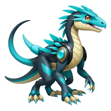 Shiny Futuristic Celestial Fakemon-Pokemon-Digimon-Spectrobes-Raptor-fusion, full body, four legs, black body, cyan accents, scales sticker