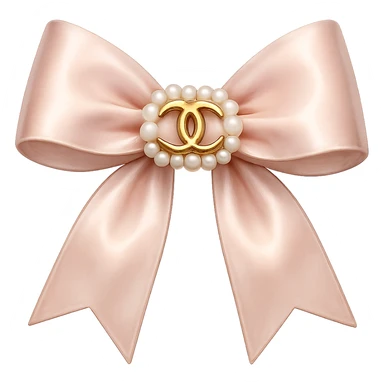 Remove the background, keep only the elegant bow with pearls and gold Chanel logo, glossy, pastel colors, realistic style, with no background. sticker