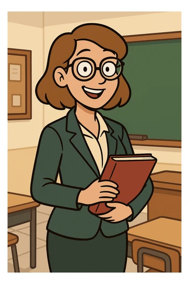 female teacher character with glasses, standing and smiling, holding a book, in a classroom setting, approachable and professional, cartoon style sticker