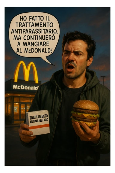 A realistic, cinematic illustration of a man in his early 30s with a confused yet stubborn expression, standing outside a McDonald's at dusk, holding a small box labeled 'Trattamento Antiparassitario' in one hand while holding a large McDonald's burger in the other. He is mid-sentence, saying 'Ho fatto il trattamento antiparassitario, ma continuerò a mangiare al McDonald!' in an expressive speech bubble. The man wears casual streetwear, and behind him, the McDonald's golden arches glow under a neon-lit sky. The mood is ironic and educational, highlighting the contradiction of doing parasite cleanses while continuing unhealthy fast-food habits. The style is realistic with slight illustrative clarity, emphasizing the message humorously while maintaining a serious undertone about lifestyle choices and health in italiano sticker