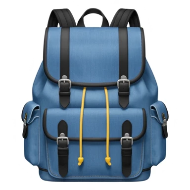 An emoji-style blue denim backpack with a flap top. Two short black buckle straps are attached only at the top flap, not extending to the bottom. The front is clean with no pockets or extended straps. The backpack has two side pockets. 


 sticker