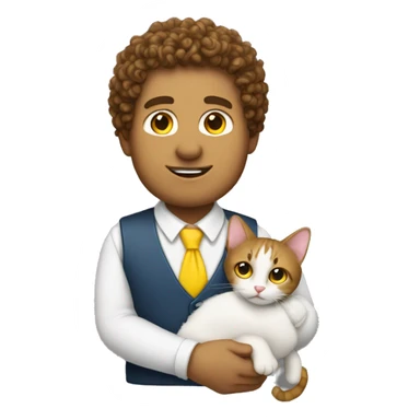 Brown Curly headed white man holding a cat wearing a yellow tie sticker