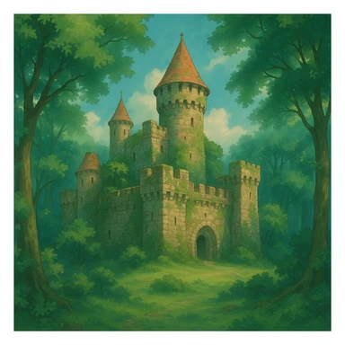 ancient stone castle surrounded by forest, magical mood, ghibli style sticker