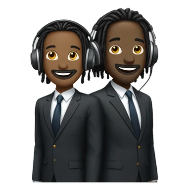 Two well-dressed individuals in suits. One individual wearing shoulder length dread locks. Both wearing headphones for a podcast. Happy faces.  
 sticker