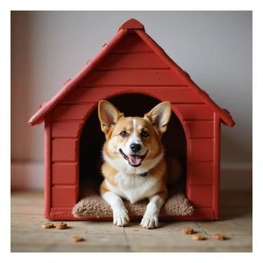 realistic red dog house with a Corgi dog inside, Corgi with a treat, photorealistic style sticker
