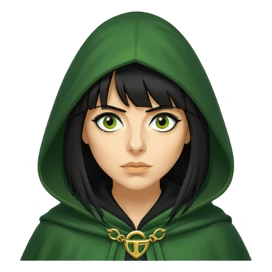 claudia winkleman with a heavy fringe as a traitor with a green hooded cloak with a gold clasp and dark black eyeliner sticker