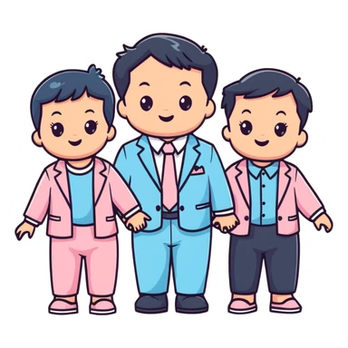 triplet toddlers with two girls in pastel pink clothes on each side and a boy in pastel blue suit in the middle sticker