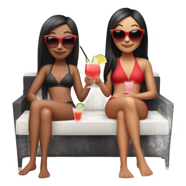 Two girls. One of them with long black hair, sunglasses on, red swimming suit, another one is short red hair, pink swimming suit, both drink cocktails and laying on the outdoor couch. Both a white skin sticker