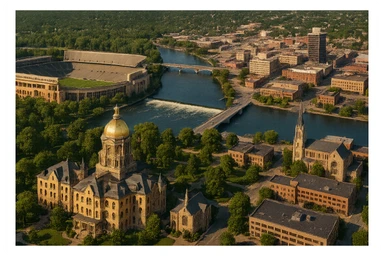cinematic realistic emoji of South Bend Indiana wide city view with iconic landmarks University of Notre Dame campus including Golden Dome Notre Dame Stadium St Joseph River downtown South Bend lifelike detail accurate colors bright daytime lighting no sky no clouds no city name label sticker