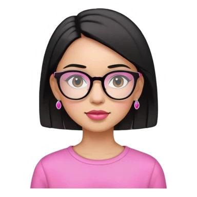 A beautiful girl wearing pink clothes, black straight short hair, earrings and glasses sticker