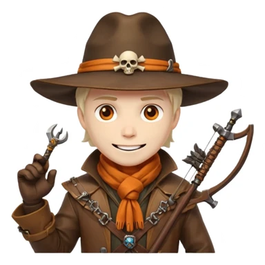 male human monster hunter emoji, wearing brown leather coat and wide hat, holding crossbow, with amulet shaped like skull, Halloween fantasy theme, confident smile, orange scarf, Apple emoji style, clean white background, square image sticker