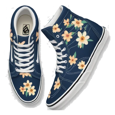 pair of navy blue Vans shoes, high top, with flower pattern sticker
