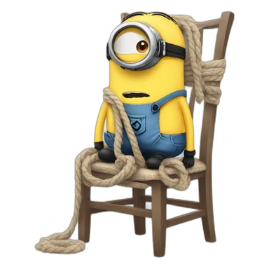 sad minion with a rope scarf standing next to a chair sticker