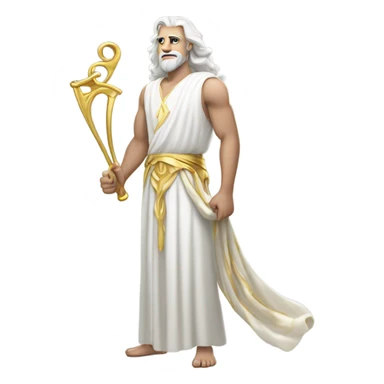 white man Poseidon. long white hair white dress. with gold hoses sticker