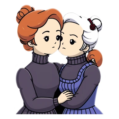 Two Victorian women with grey eyes in a sad, intimate hug. One has bright white coiffed hair, one has dark copper coiffed hair. Both wearing Victorian turtleneck dresses with arms tightly around each other. sticker