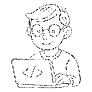 hand-drawn coder with a laptop sticker