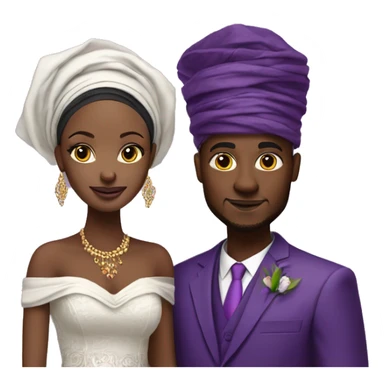 African bride and groom. Purple gele head wrap with purple off shoulder dress. Purple kente sticker