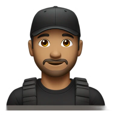 a guy with blue eyes, dark hair and bangs in backward black cap and in a black t-shirt sticker