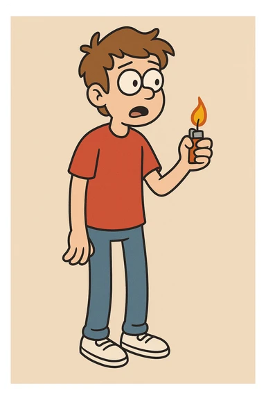 A boy lights brown hair sleeves with Red t-shirts blue jeans white shoes sticker