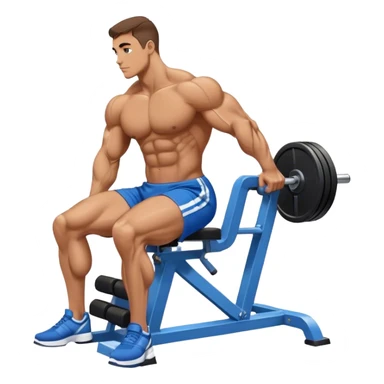 side-view bodybuilder in blue shorts seated weighted calf-raise machine on his tip toes sticker