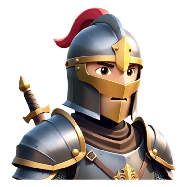 clash-of-clans-aesthetic_-cinematic-fearsome-and-majestic-knight-bust-portrait-emoji, rendered in a flat, vector-style with minimal shading and bold, simplified shapes, depicting a battle-ready medieval knight with steely eyes and intricate armor, mounted riding on a black warhorse reflecting sunlight over a misty battlefield. sticker