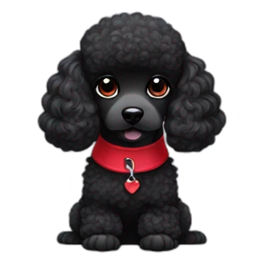 A cute tiny black poodle with black eyes and red collar sticker