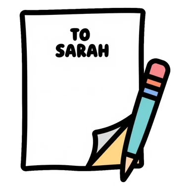 a paper letter with "TO SARAH" text written at the top of the letter, with a pen lying next to it sticker