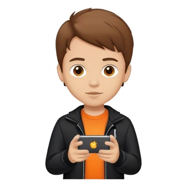 Boy with brown hair with tech in hand, orange t shirt and black jacket sticker