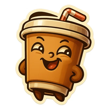 Tall coffee cup, amused, giggling, mischievous, drinking coffee with straw, looking sideways sticker
