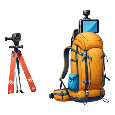 Icon for Mountain Tourism: a snow-covered peak in the distance, with skis, a snowboard, climbing gear, a backpack, and a camera. The icon should represent the adventure and exploration of mountain landscapes. Transparent background. sticker