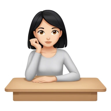 white girl black hair sitting with hands flat on table side view sticker