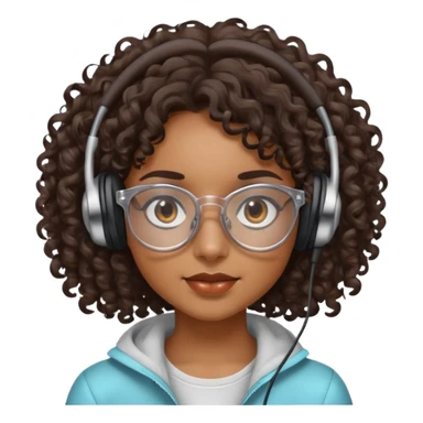 Chica morena con cabello crespo, con lentes transparentes y que tenga los ojos cafés oscuro. Y con unos audífonos en las manos. sticker