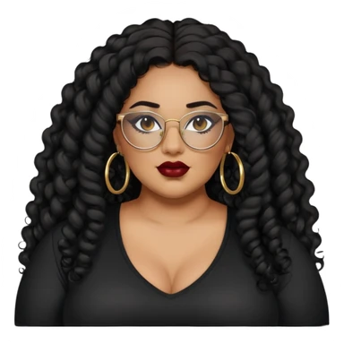 big plus size, latina, darker tan skin, gold hoops, long black curly hair, baddie,pretty, makeup, dark red lipgloss, black eyeliner, long hair, black shirt, black glasses sticker