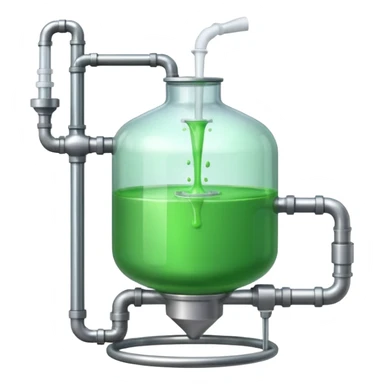 industrial chemical tank, filled with green liquid, with a stirrer, inlet and outlet pipes sticker